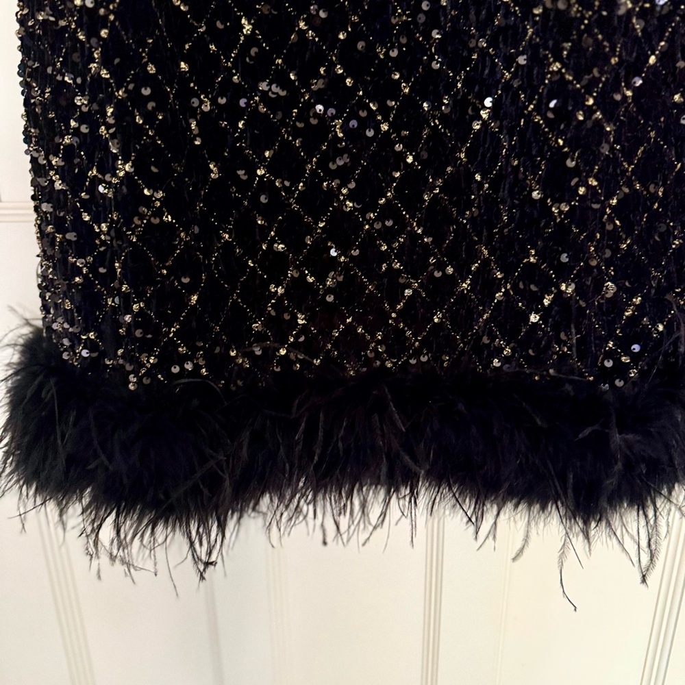 Black Sequin Sleeveless Dress with Feather Hem